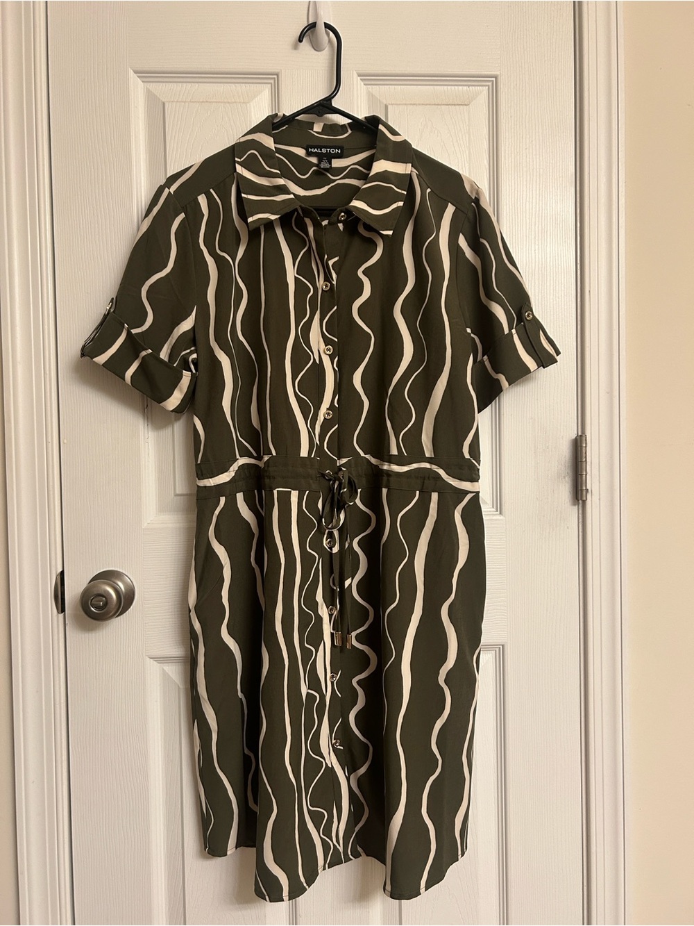 Halston Light Olive Green Lightweight Dress Pockets Drawstring Waist Size Large